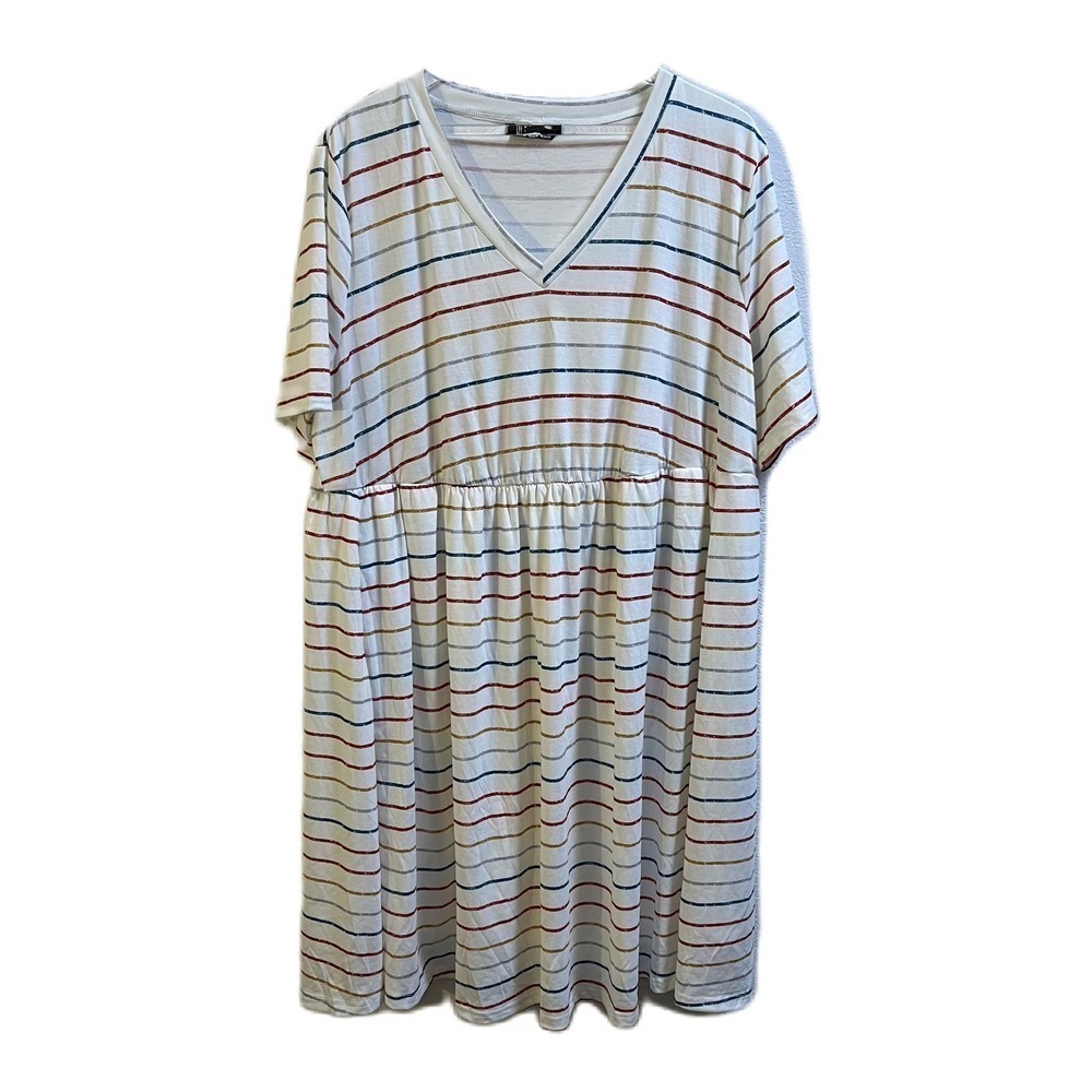 Bloomchic Striped V Neck Midi Dress White and Rainbow Size US 18-20